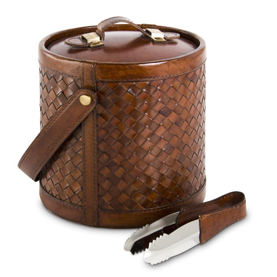 Tan Leather Basket Weave Ice Bucket with Tongs | 9"