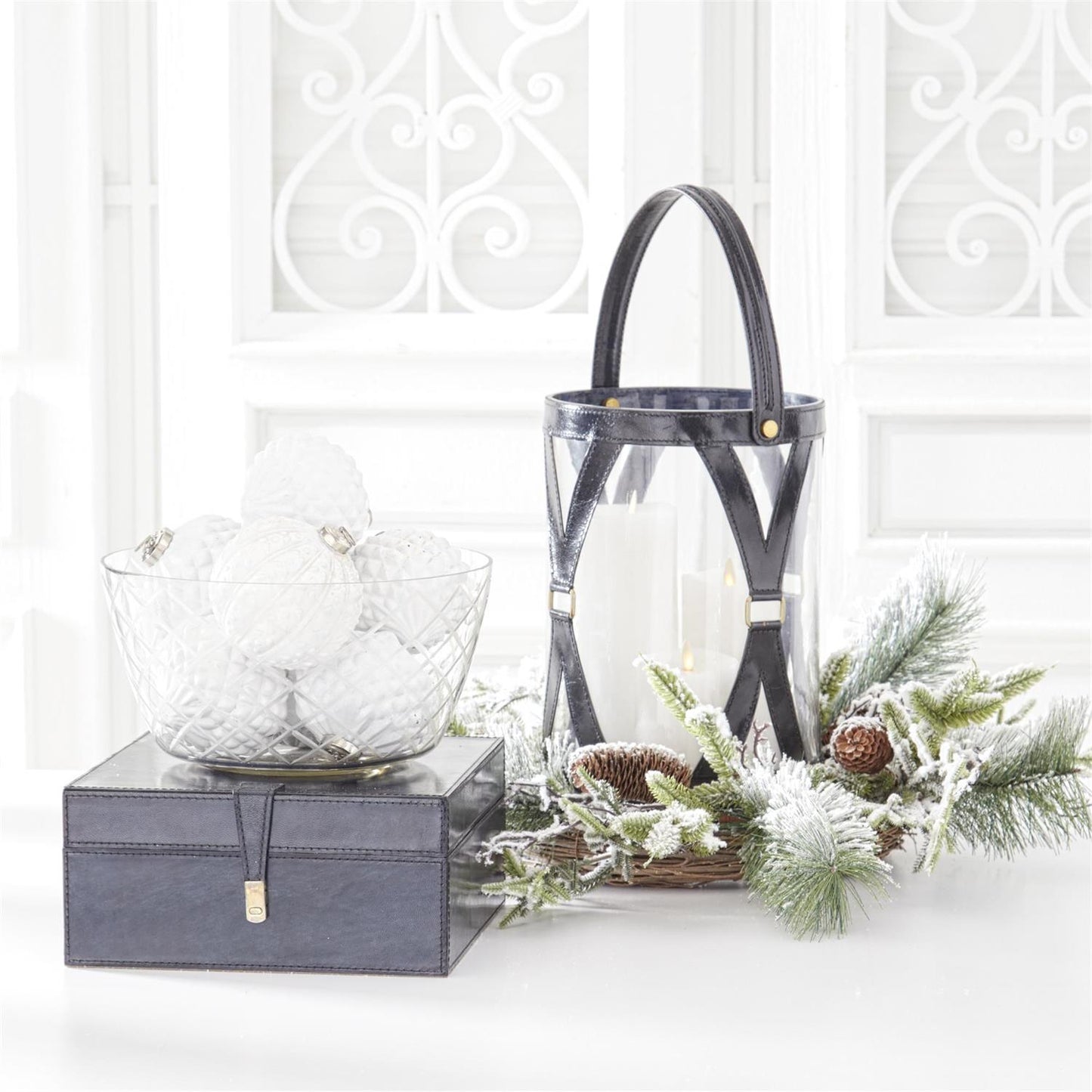 Glass Lantern w/ Leather Straps | Royal Blue