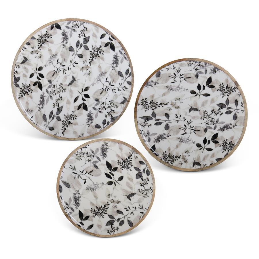 Wooden Plates with Black & Gray Botanical Enamel | Set of 3