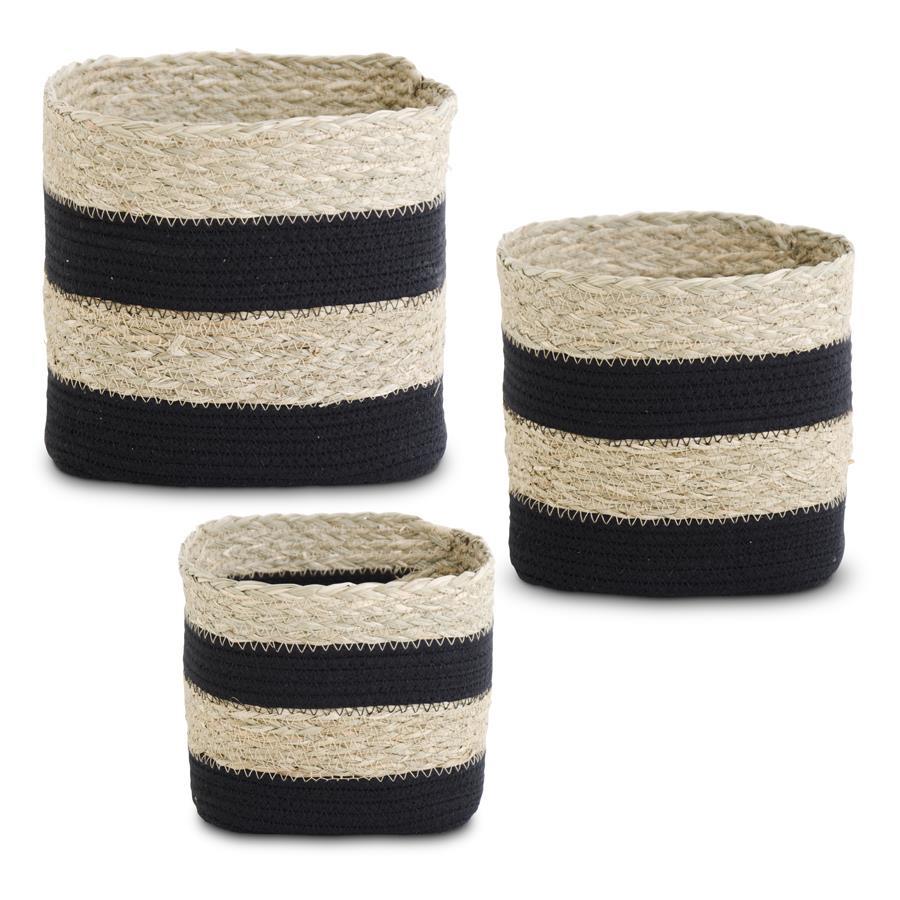 Square Black Striped Seagrass and Rope Baskets | Set of 3