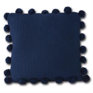 21" Blue Moss Stitch Knit Pillow w/ Pompom Trim