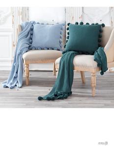 64" Stitch Knit Throw w/ Pompom | Light Blue