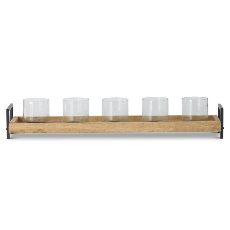 28.5"Black Metal Wood & 5 Glass Hurricane Candle Holder Centerpiece