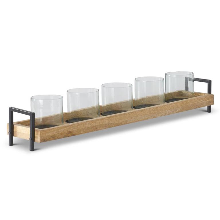 28.5"Black Metal Wood & 5 Glass Hurricane Candle Holder Centerpiece
