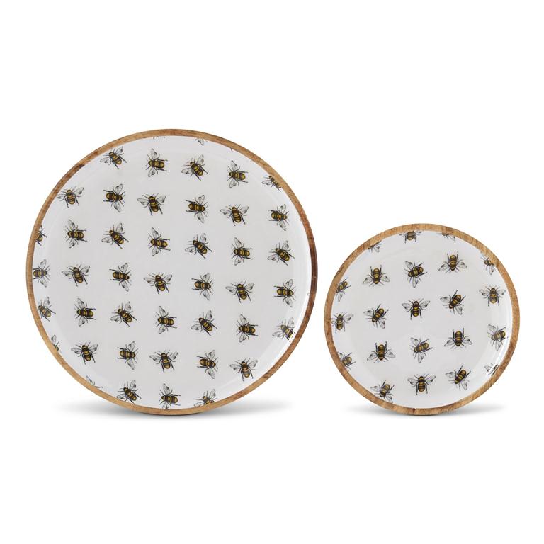 Wooden Plates with White Enameled Interior & Bee Decal | Set of 2