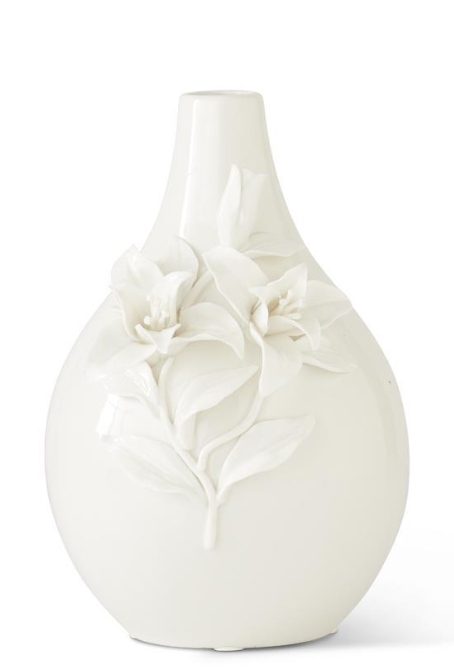 10.5 INCH WHITE CERAMIC HANDCRAFTED LILY BOTTLE NECK VASE