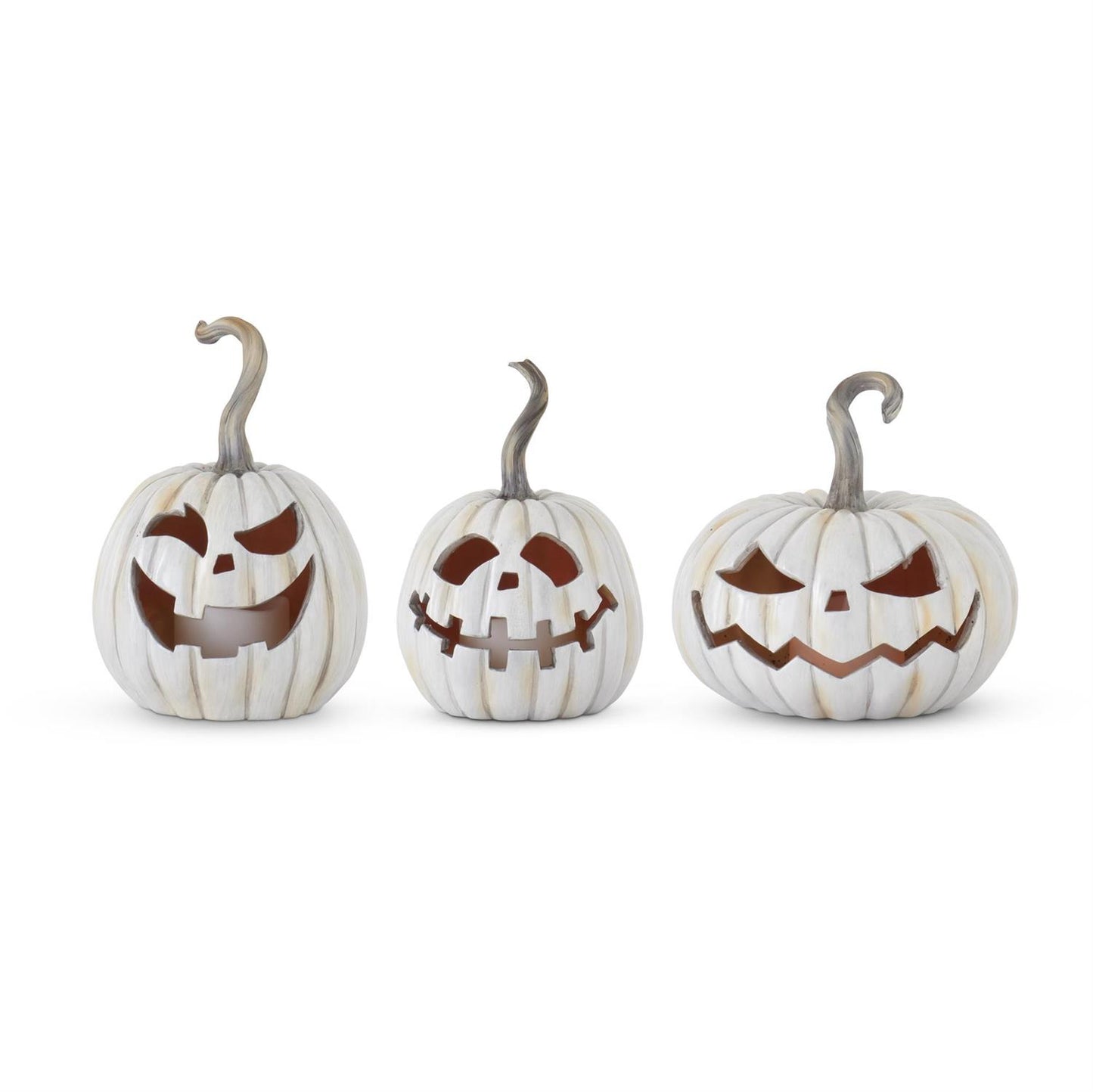 White & Gray Resin LED Flicker Flame Jack O Lanterns w/Timers