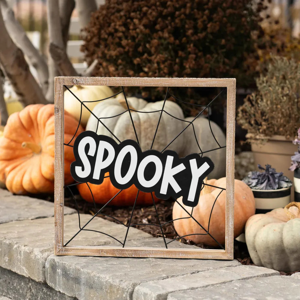 wood frame sign (SPOOKY) white, black Adams Family Collection
