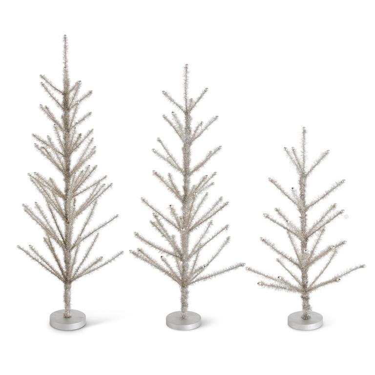 Pewter Tinsel Trees with Beaded Tips | Set of 3
