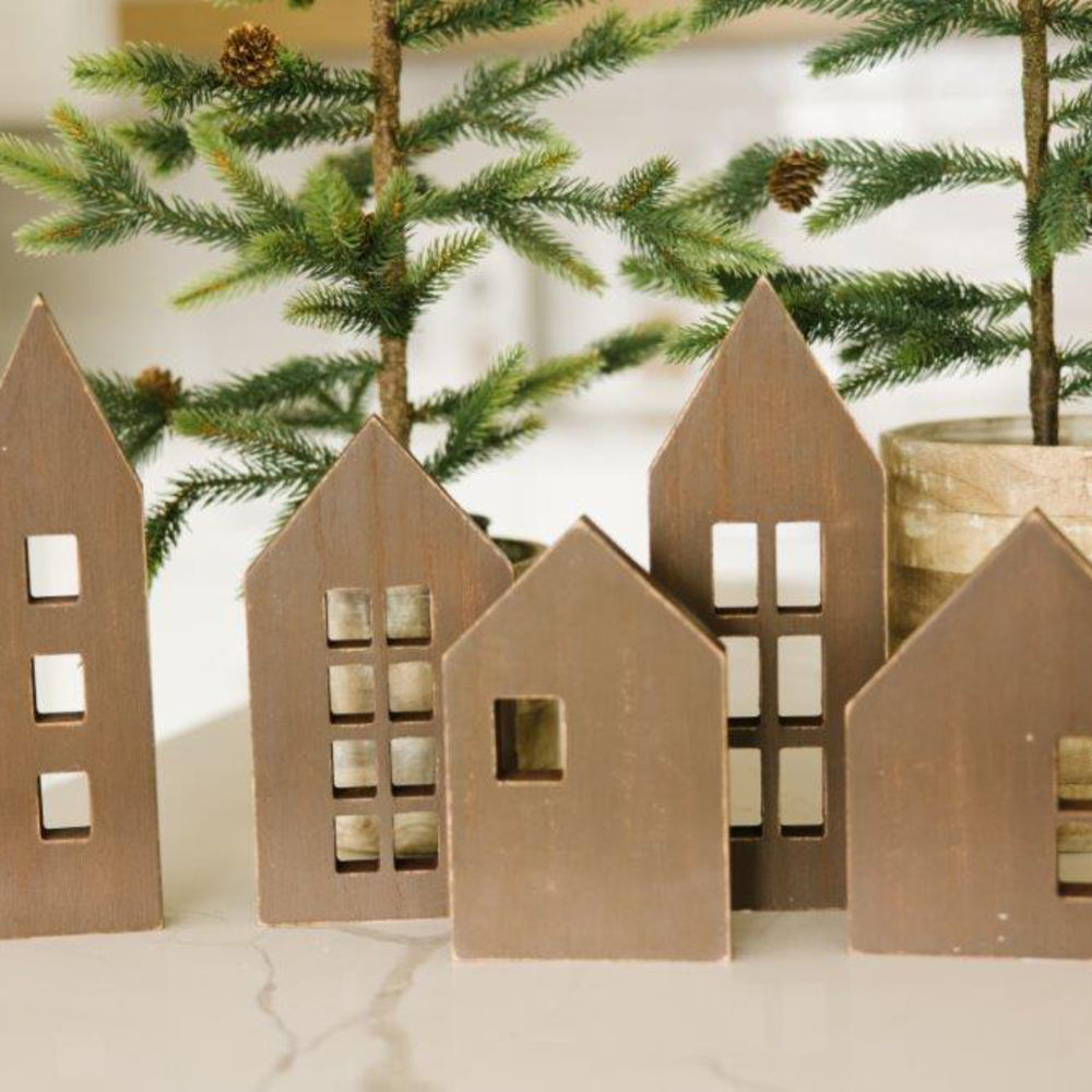 Mango Wood Cutout Houses | Set of 5 | Brown