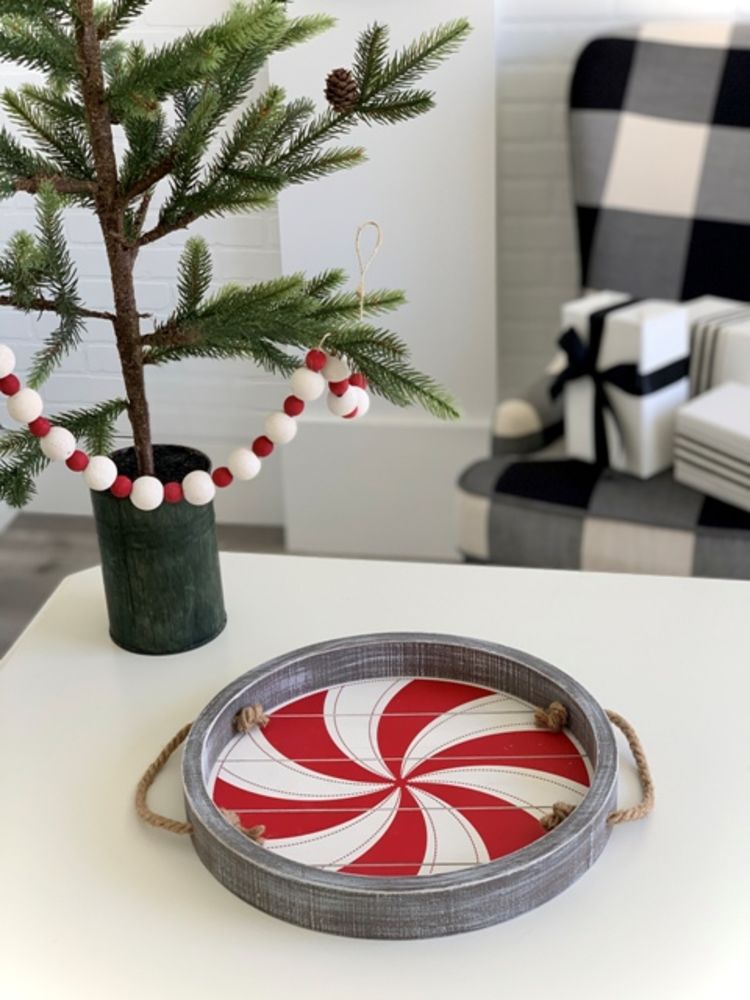Wood Round Peppermint Tray | Red & White