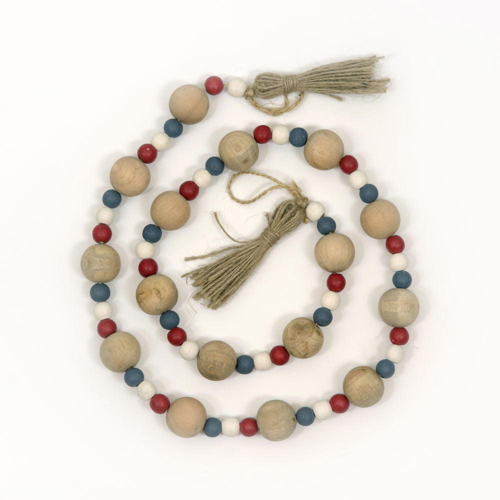 Wood Bead Garland w/ Tassels | Red & White & Blue