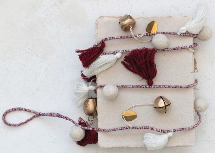 72" Long Metal Bell Garland With Cotton Tassels & Pom Poms