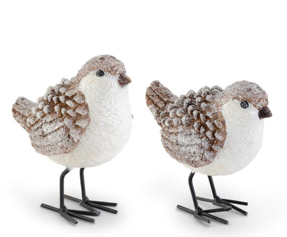 Brown and White Glittered Wood Grain Pinecone Birds (Set 2)