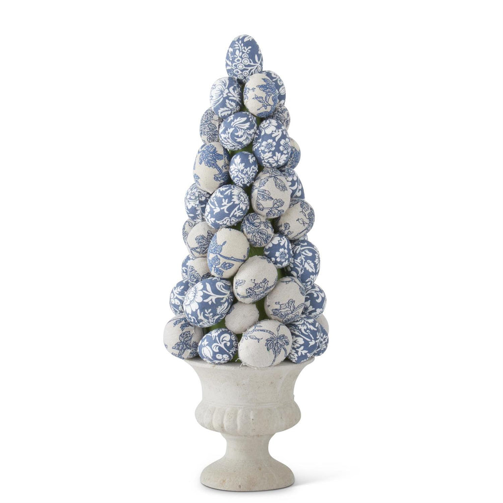 15 Inch Blue and White Floral Fabric Egg Topiary