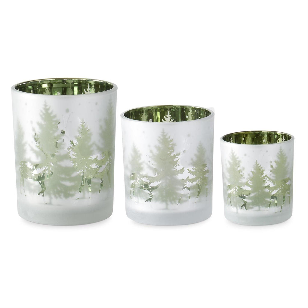 Set of 3 Frosted Glass w/Green Interior Deer With Pine Tree Design