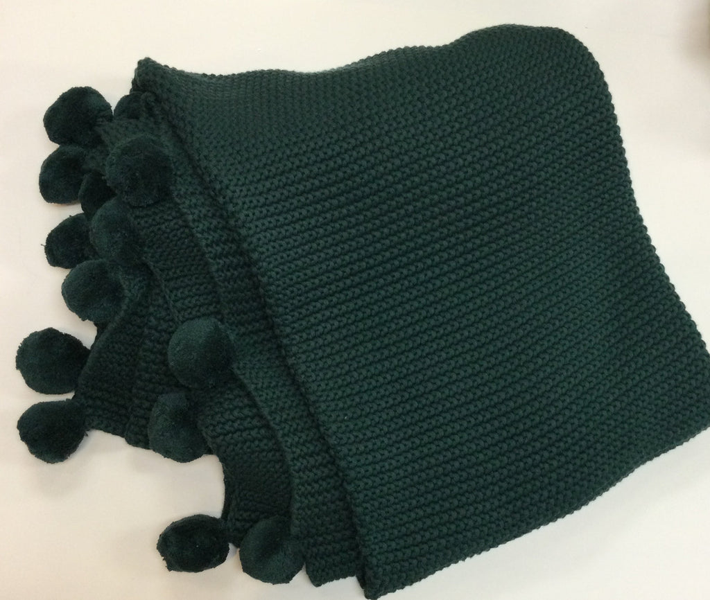 64 Inch Green Moss Stitch Knit Throw w/Pompom Trim