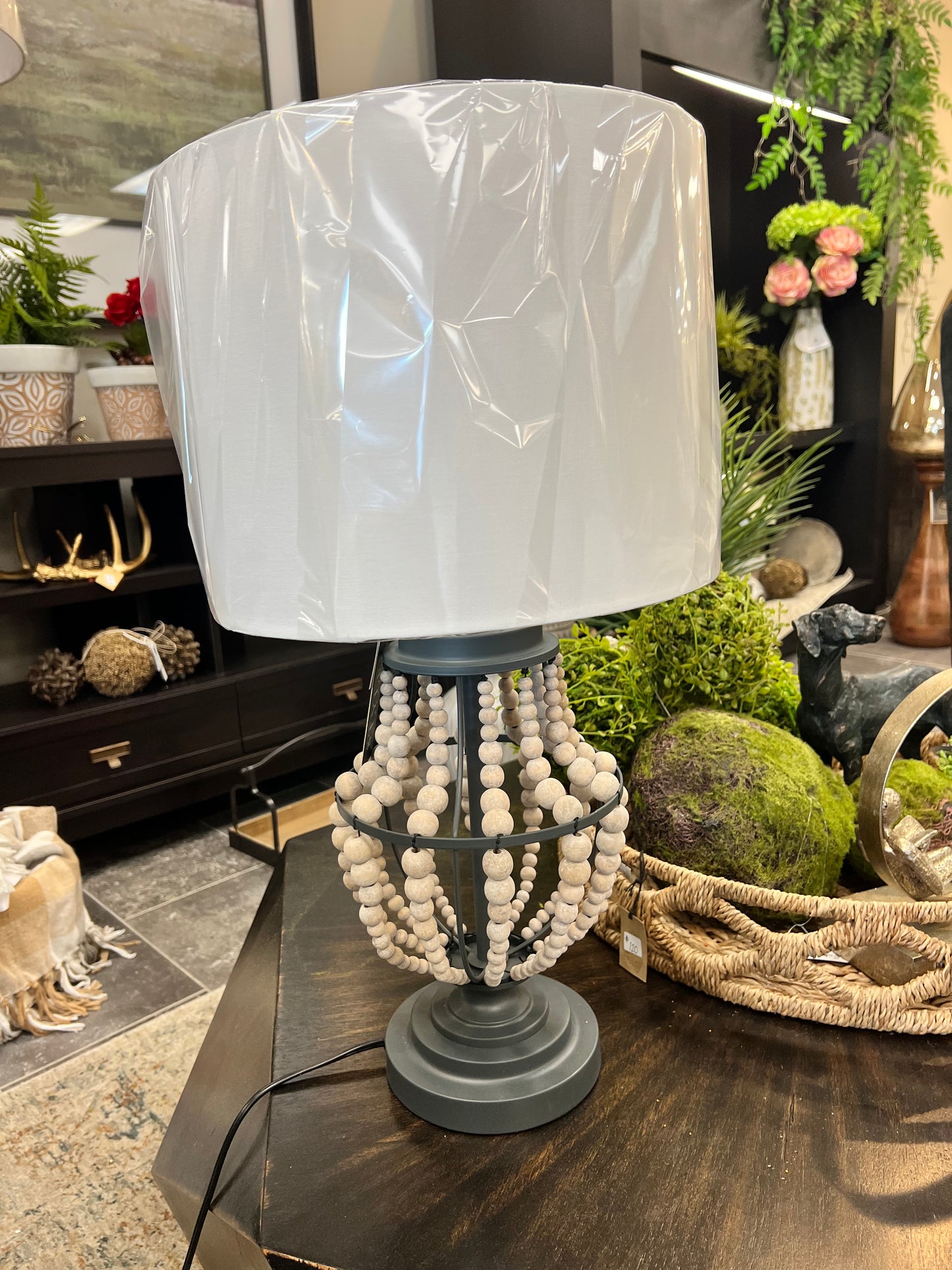 NATURAL DRAPE | Fourteen Strands of Wooden Beaded String Metal Structure Traditional Design Table Lamp