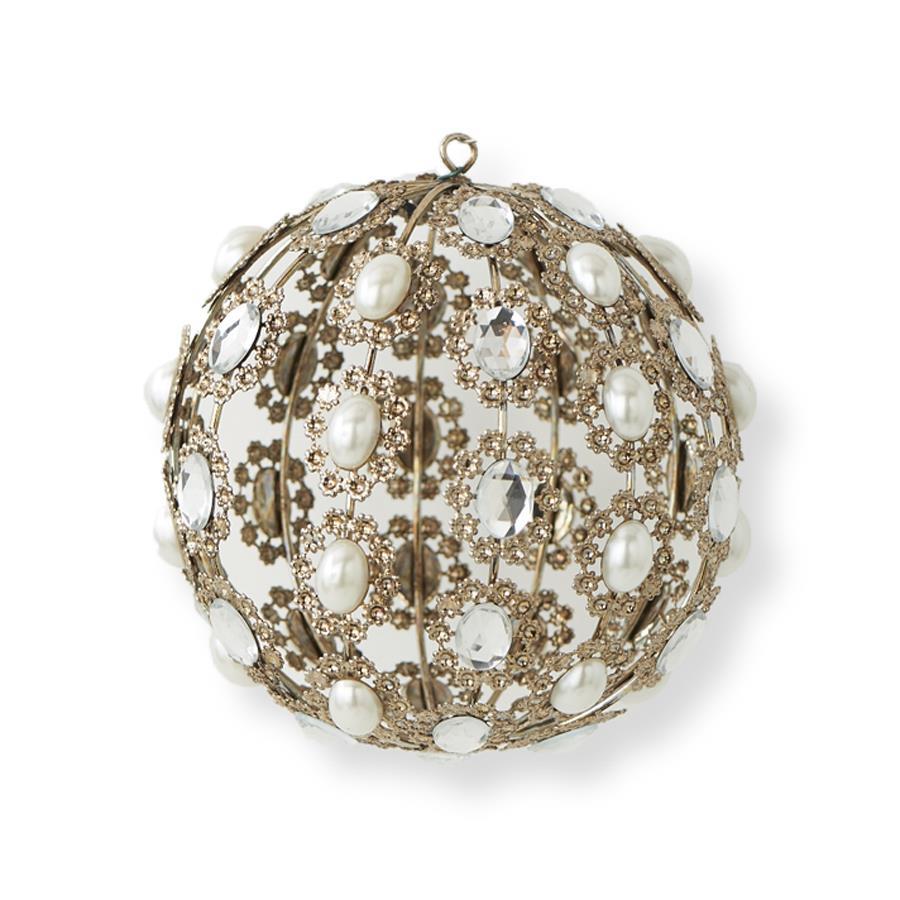 4 Inch Round Metal Ornament w/Round Pearl & Rhinstones