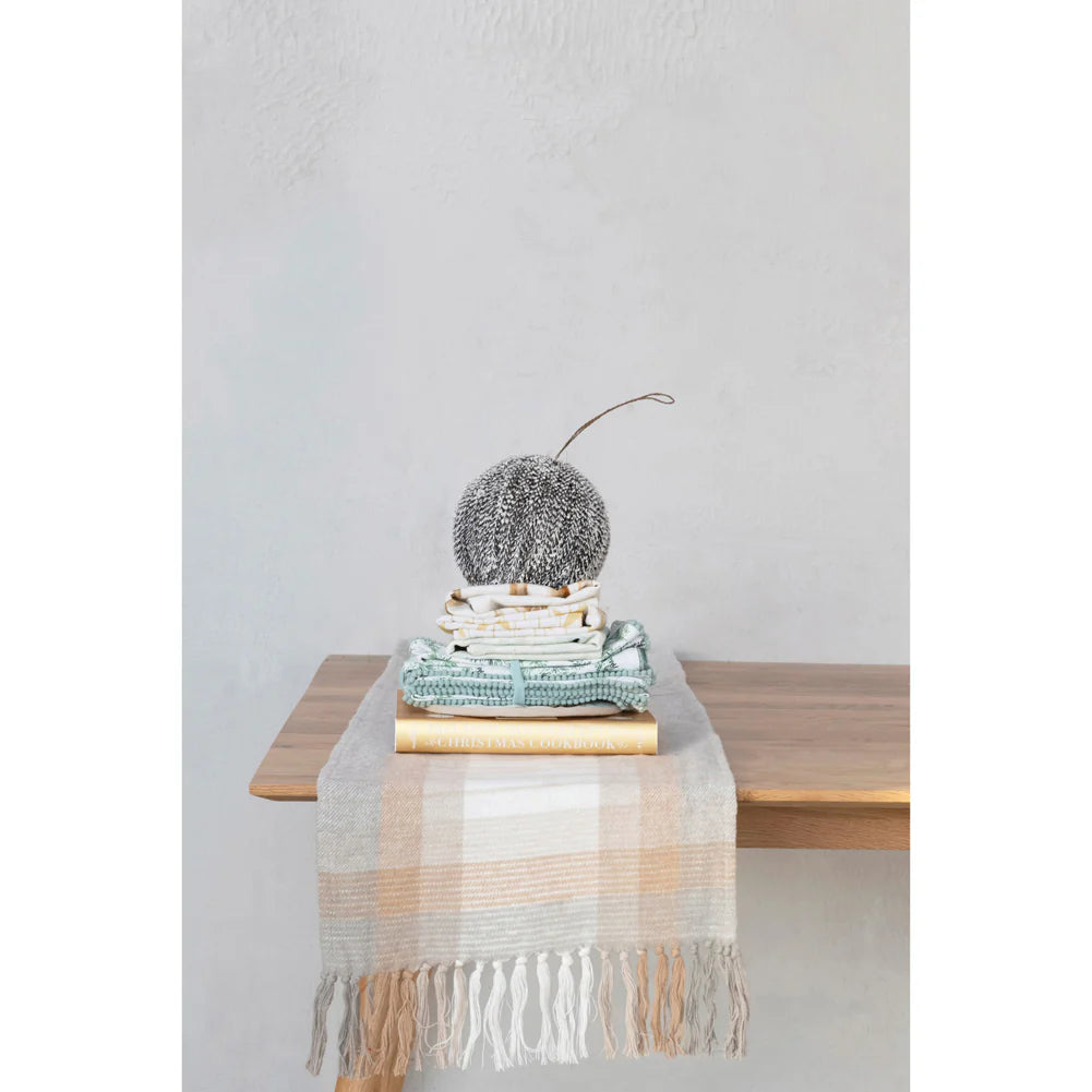 Cotton Flannel Table Runner w/ Fringe | 14"W x 72"L | Grey & White & Beige
