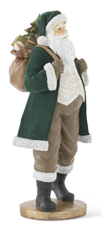 17.75 Inch Dark Green Velvet Resin Santa W/Gold