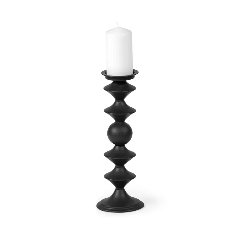 Candelero Large Black Metal Grooved Table Candle Holder