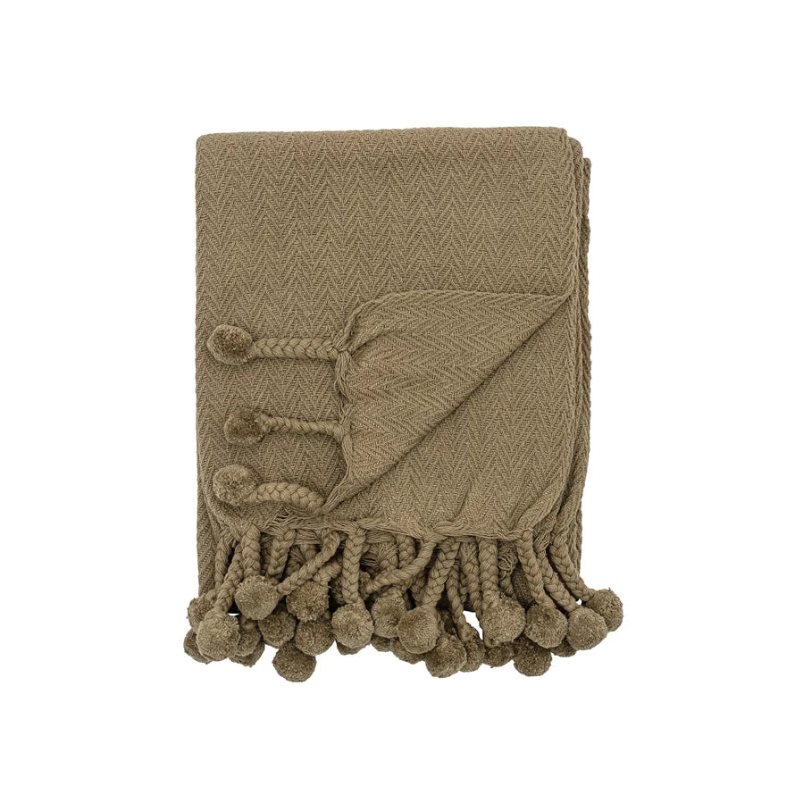 Throw w/ Braided Pom Pom Tassels | Green