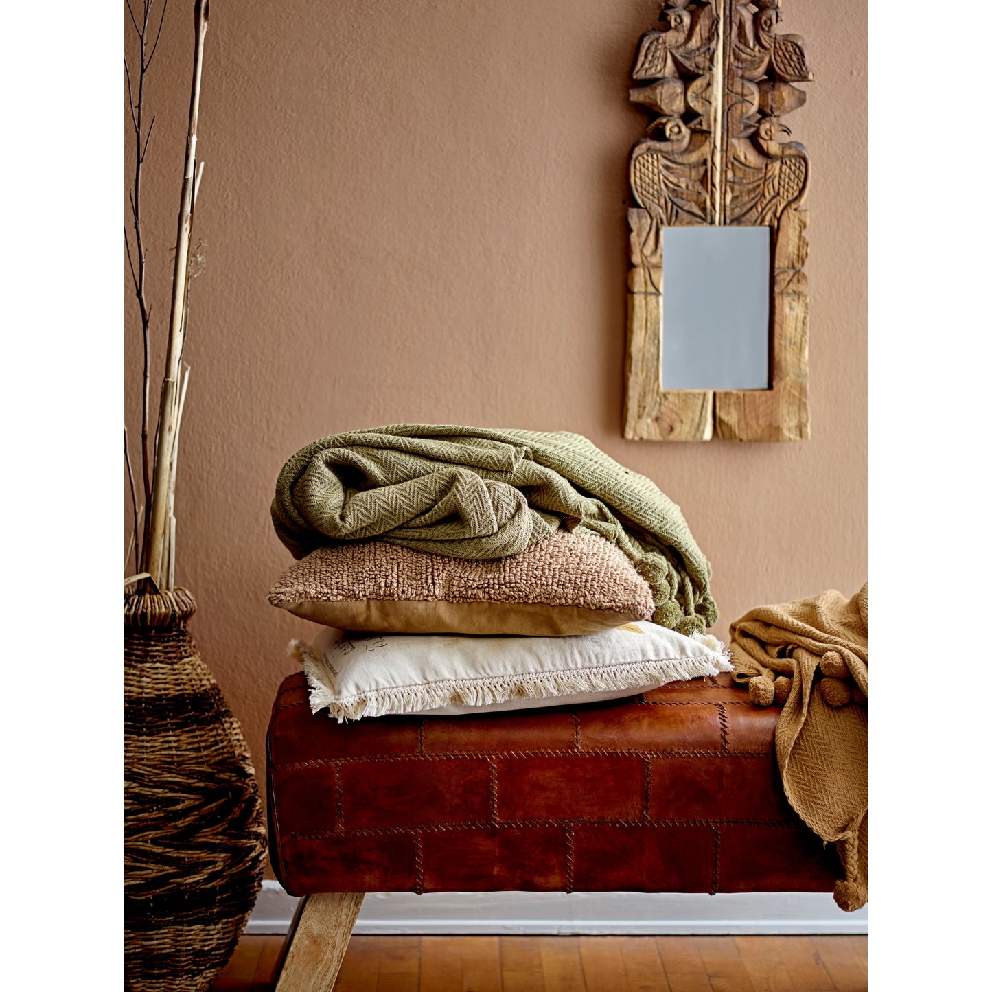 Throw w/ Braided Pom Pom Tassels | Green