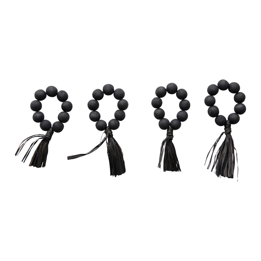 Wood Bead Napkin Rings w/ Raffia Tassels | Set of 4 | Black