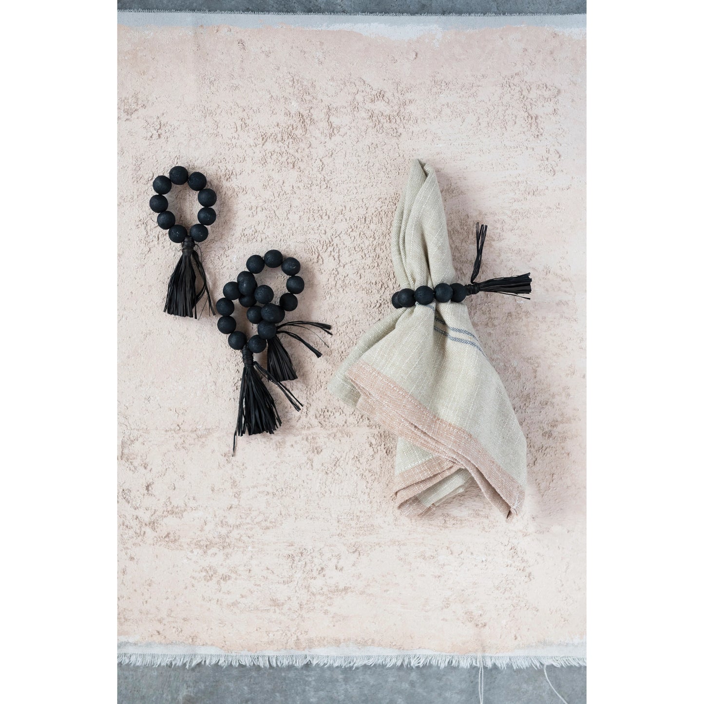 Wood Bead Napkin Rings w/ Raffia Tassels | Set of 4 | Black