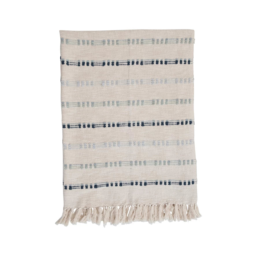Woven Cotton Embroidered Throw w/ Fringe | Blues & Ivory