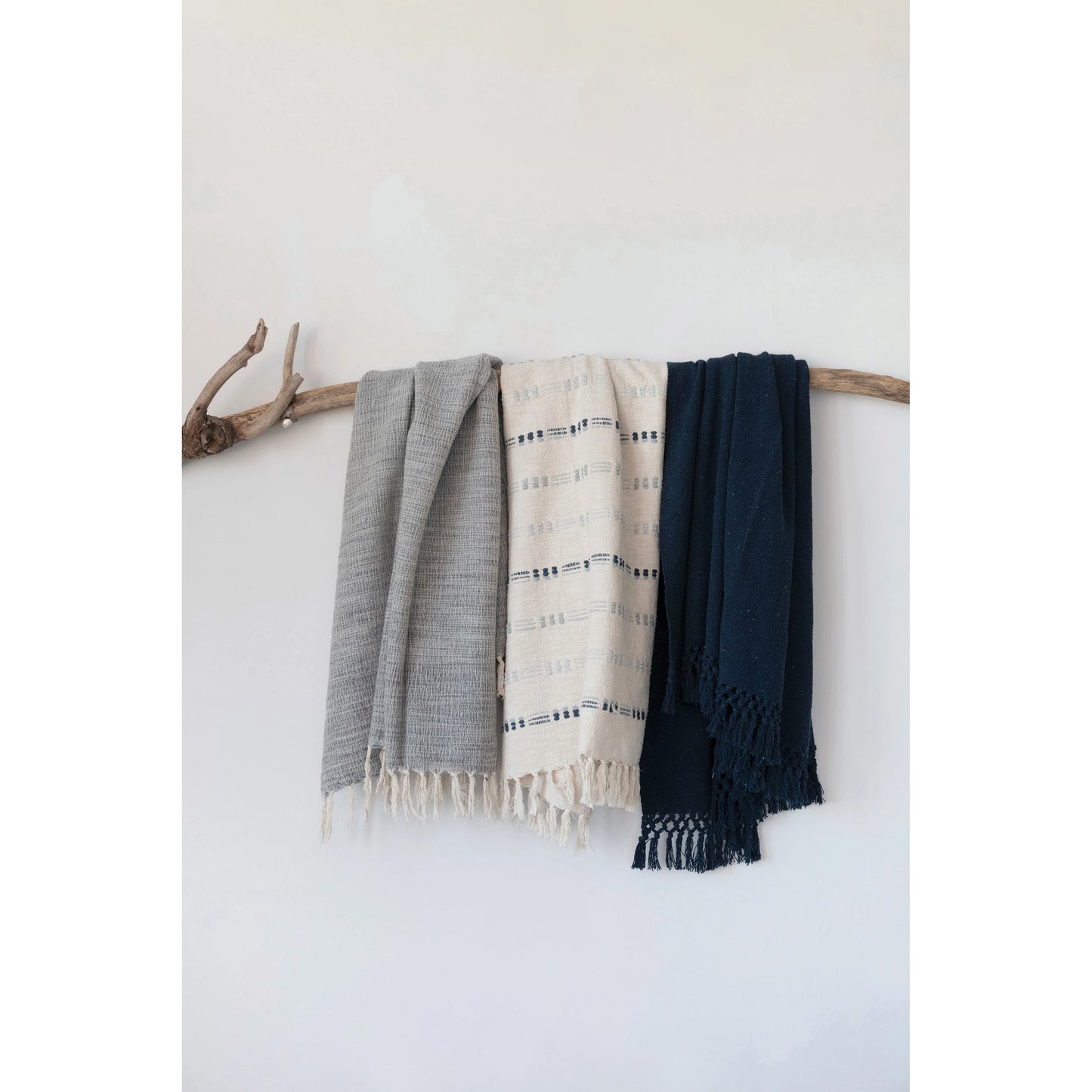 Woven Cotton Embroidered Throw w/ Fringe | Blues & Ivory