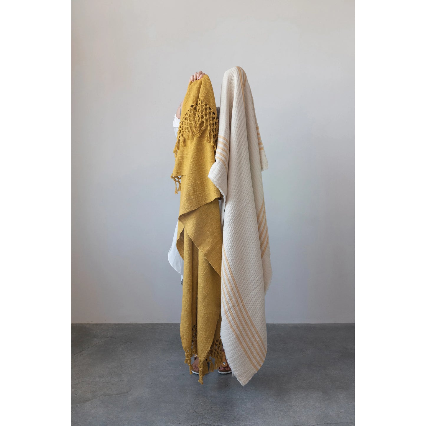Cotton Double Cloth Stitched Throw w/ Stripes and Frayed Edges | Yellow