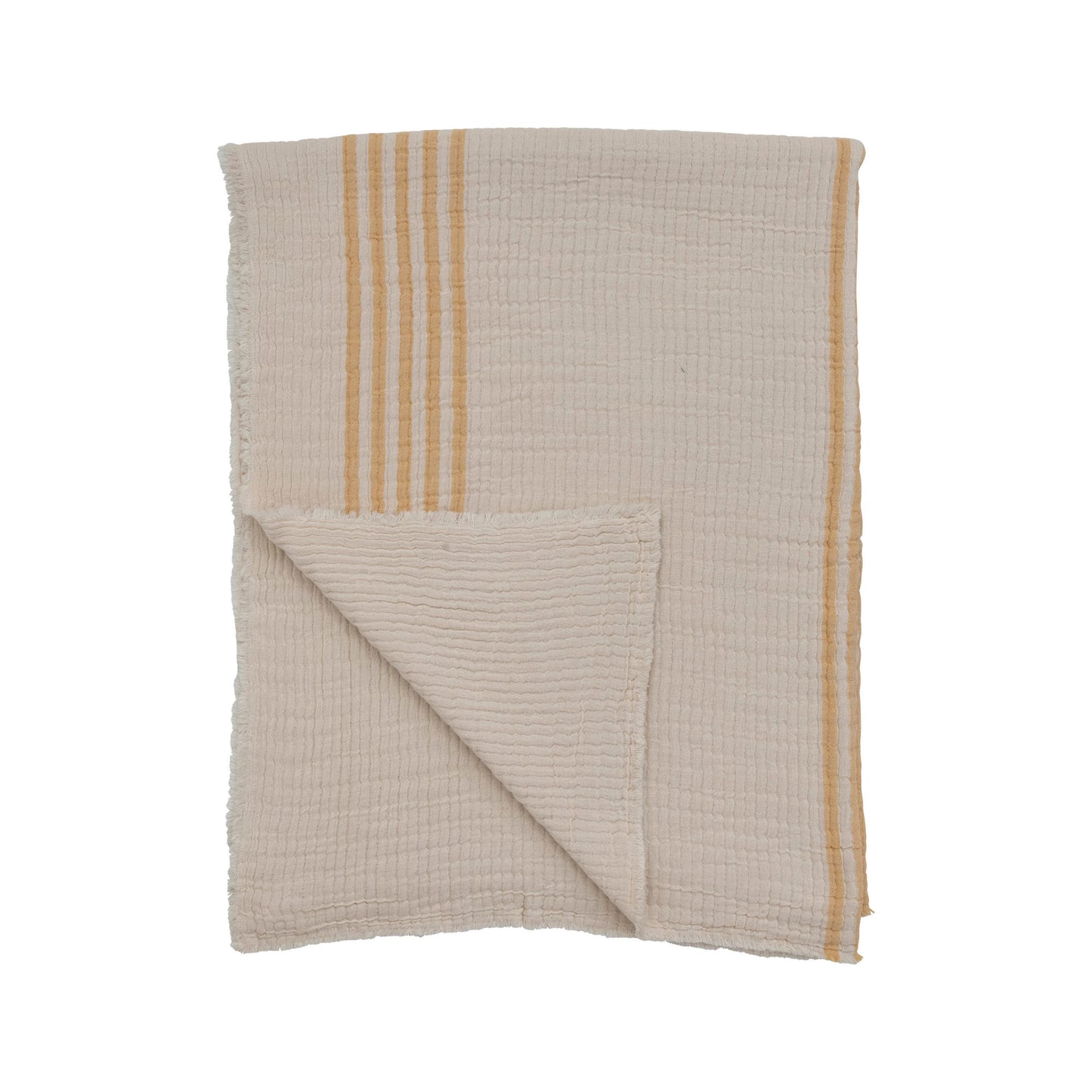 Cotton Double Cloth Stitched Throw w/ Stripes and Frayed Edges | Yellow