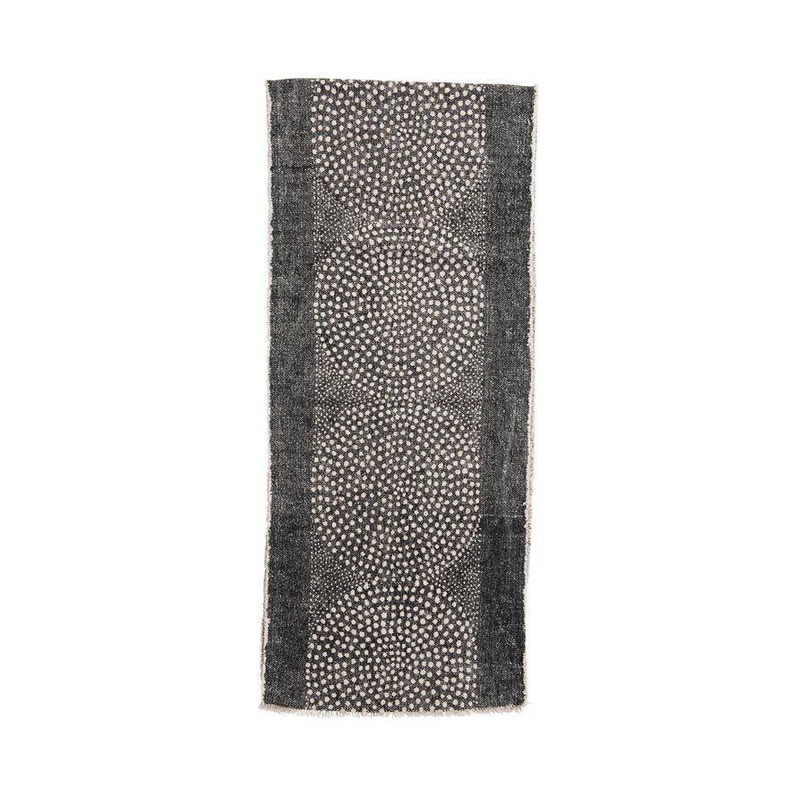 Stonewashed Cotton Canvas Table Runner w/ Frayed Edges | Dot Pattern | Black &White