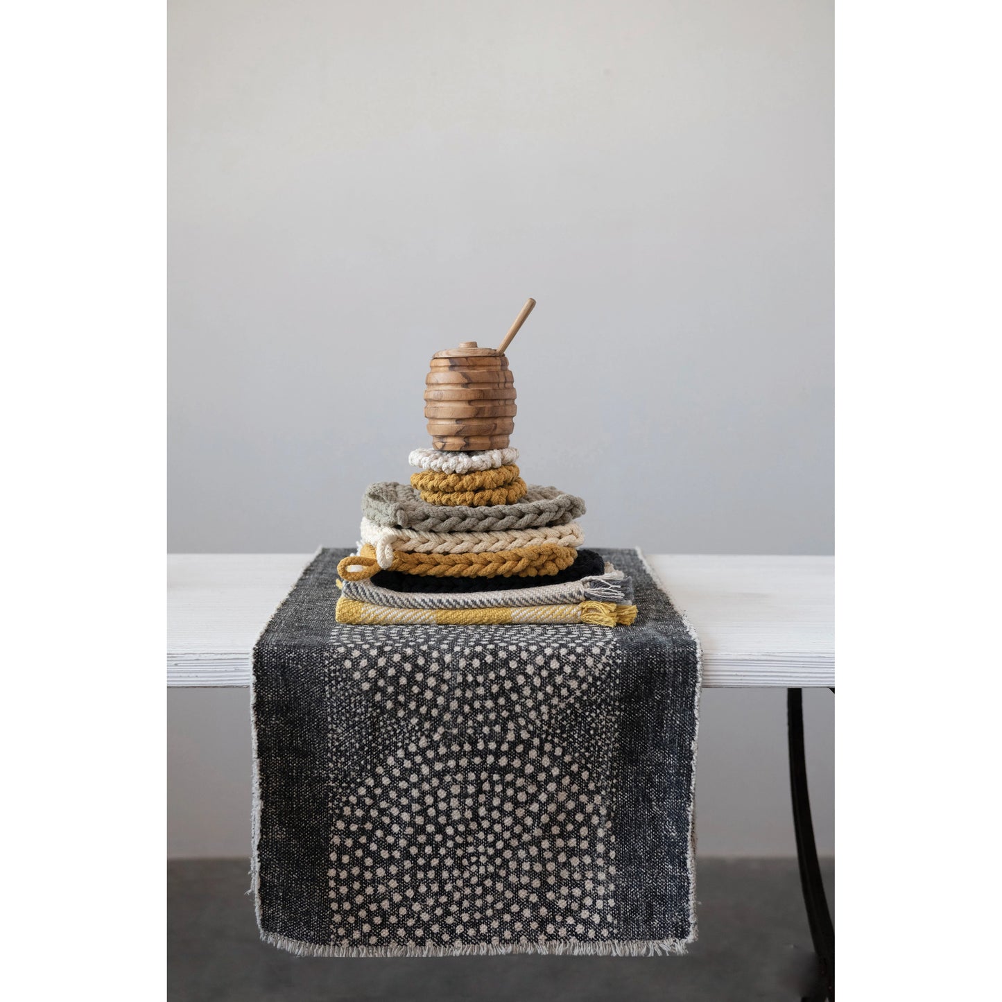 Stonewashed Cotton Canvas Table Runner w/ Frayed Edges | Dot Pattern | Black &White