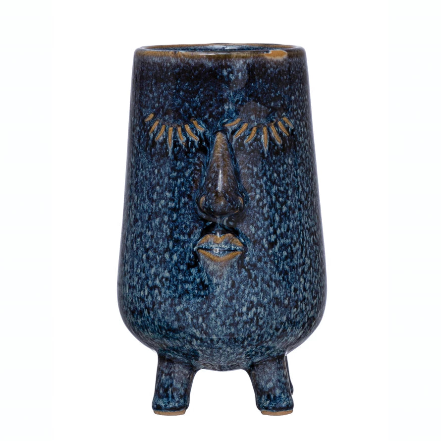 Stoneware Planter with Face | Reactive Glaze | Blue