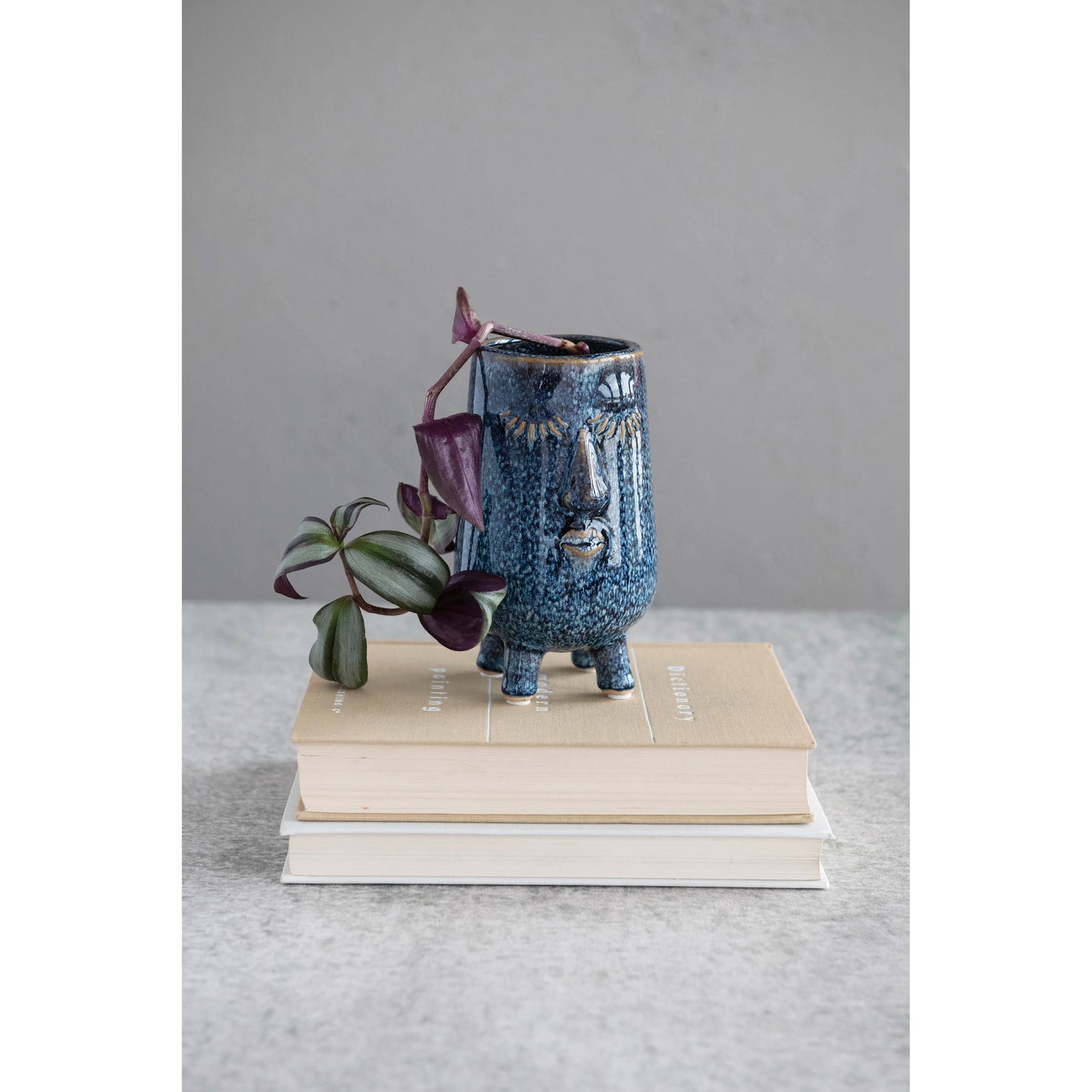Stoneware Planter with Face | Reactive Glaze | Blue