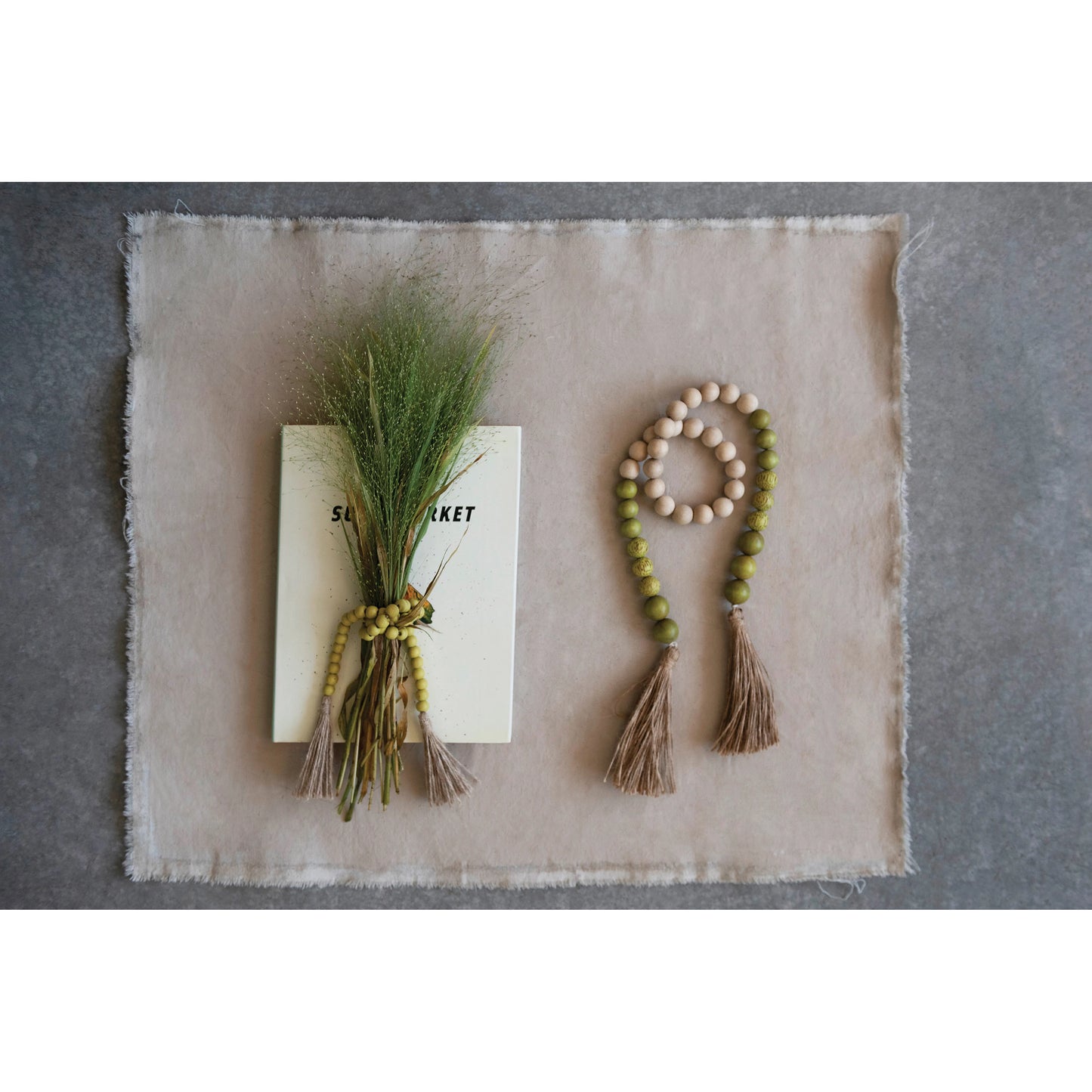 Wood Bead Garland with Jute Tassel | Solid Green