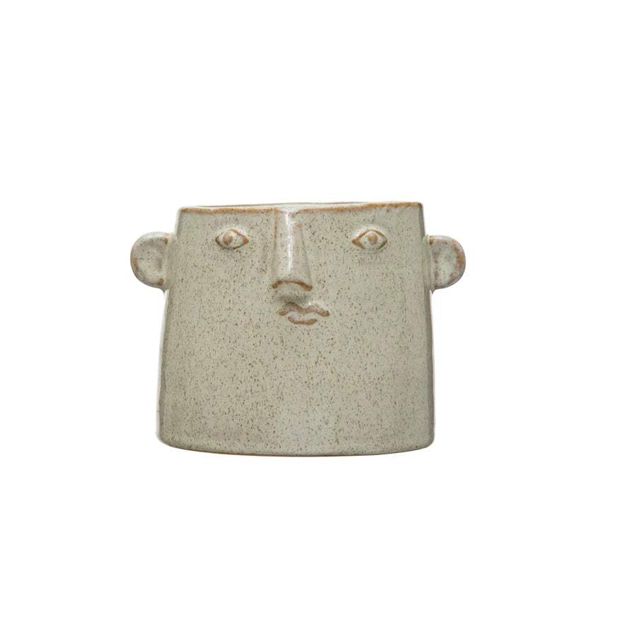 Stoneware Planter w/ Face | Reactive Glaze | White