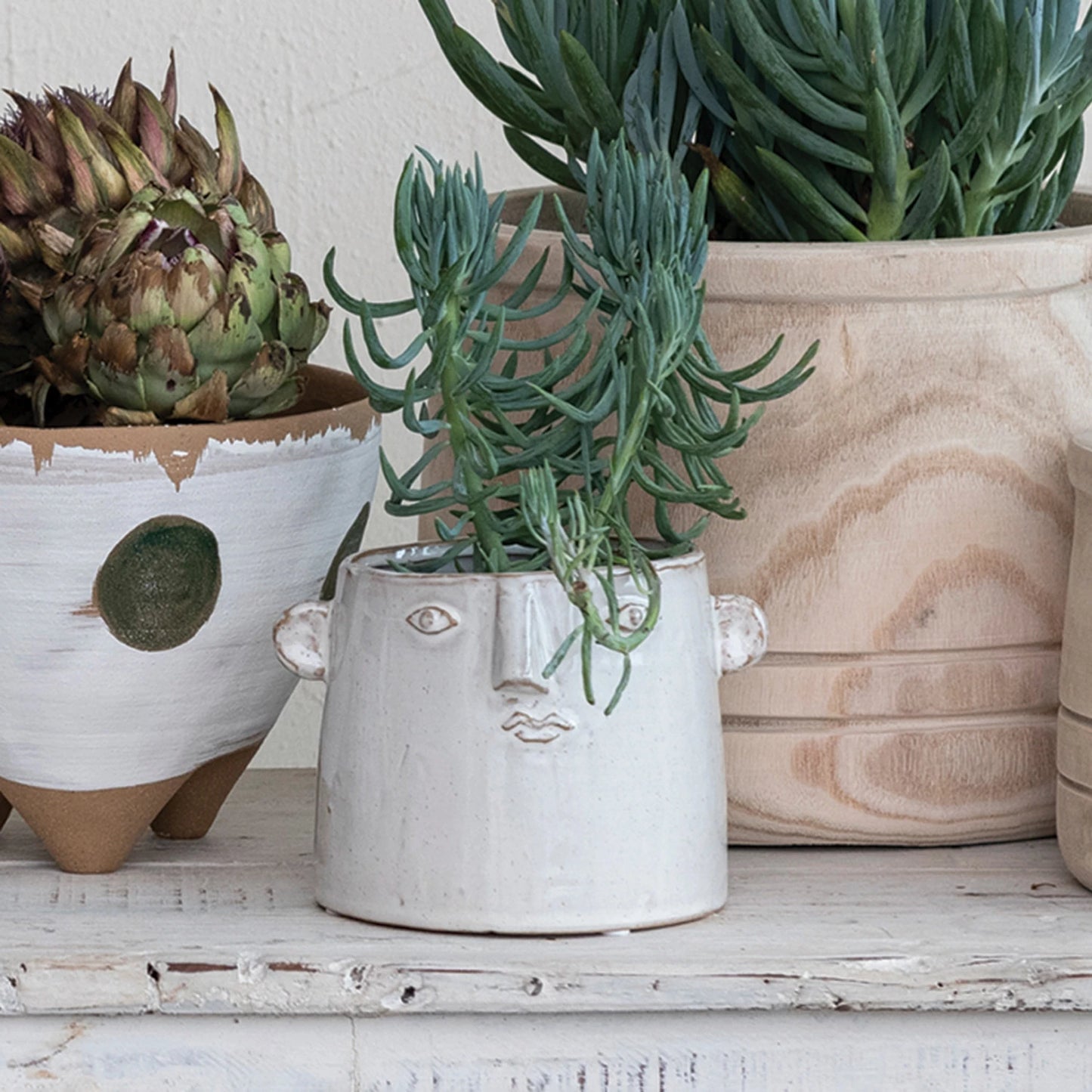Stoneware Planter w/ Face | Reactive Glaze | White
