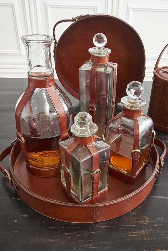 Glass Decanters w/Leather Straps and Metal Buckle Accent
