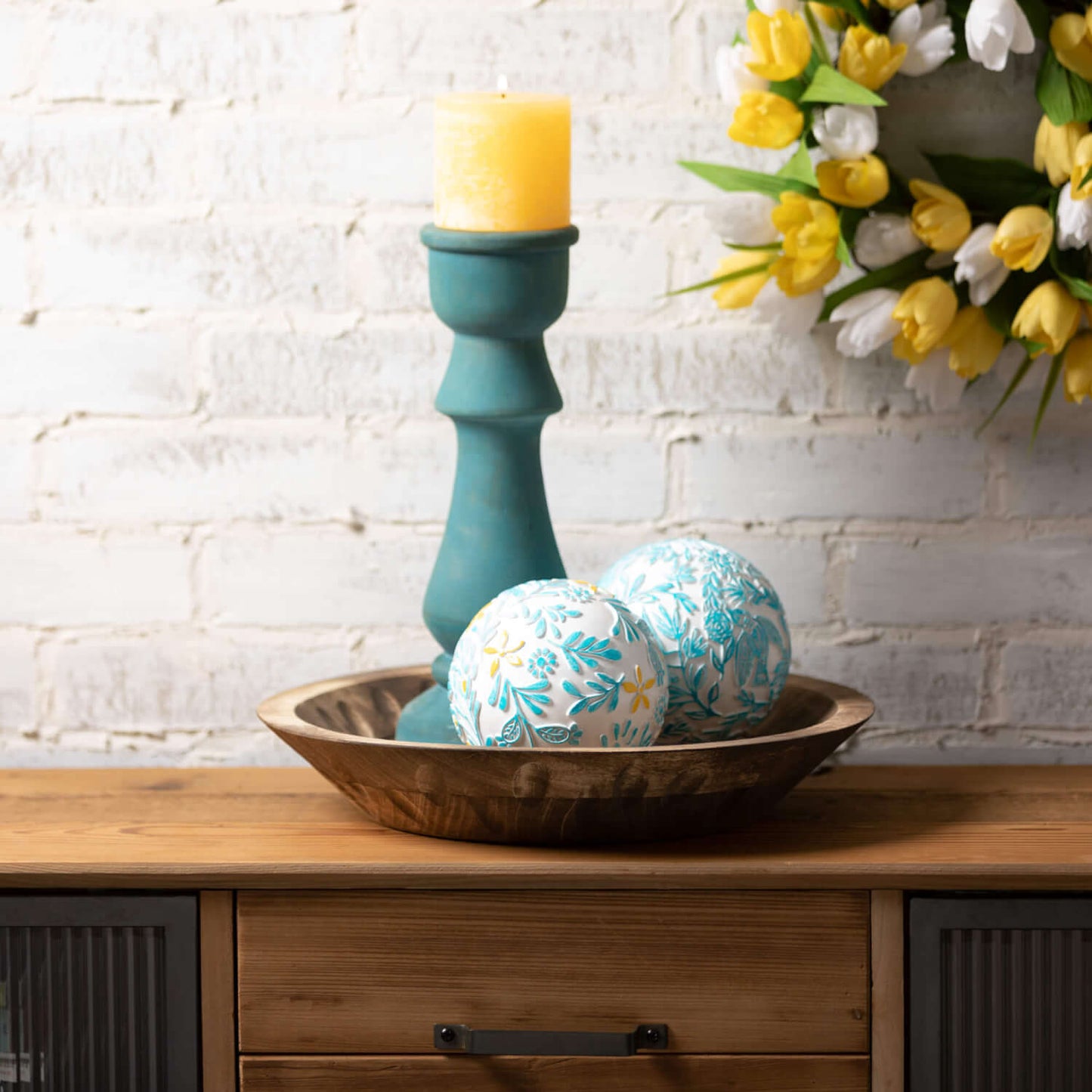 Wood Pillar Candle Holder | Set of 3 | Turquoise
