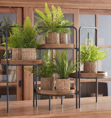 45.5 Inch Black Metal Framed 4 Tier Natural Wood Tray