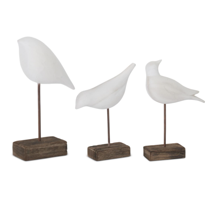 Set of 3 White Wood Shore Birds on Spindles