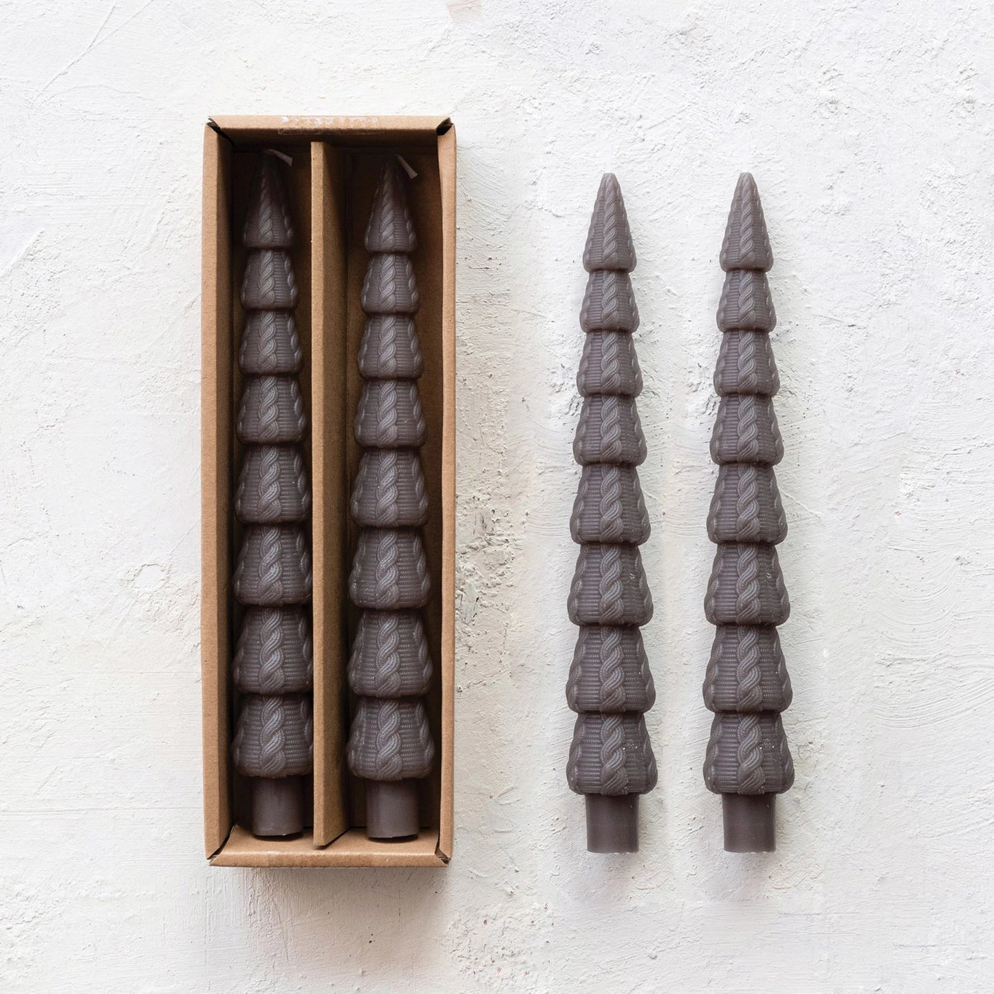 Unscented Tree Shaped Taper Candles in Box, Pewter Color, Set of 2