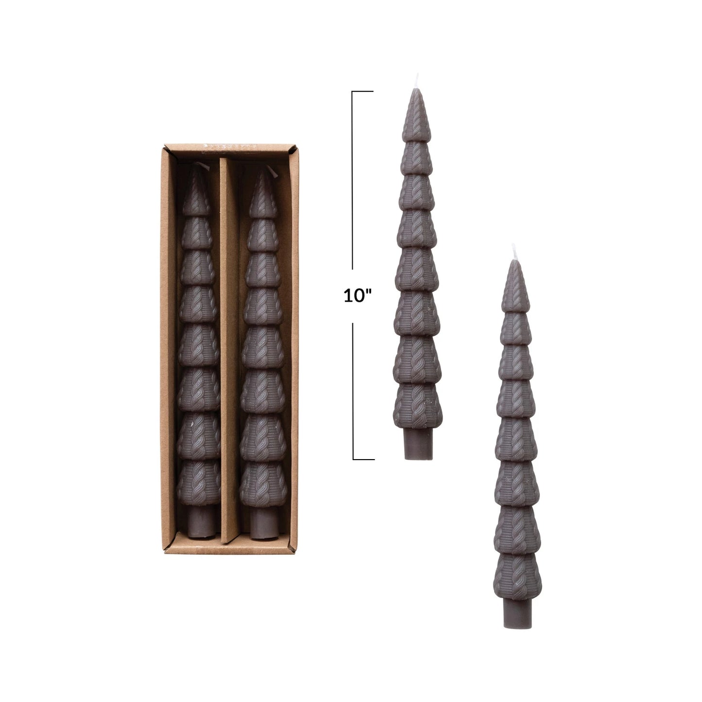 Unscented Tree Shaped Taper Candles in Box, Pewter Color, Set of 2