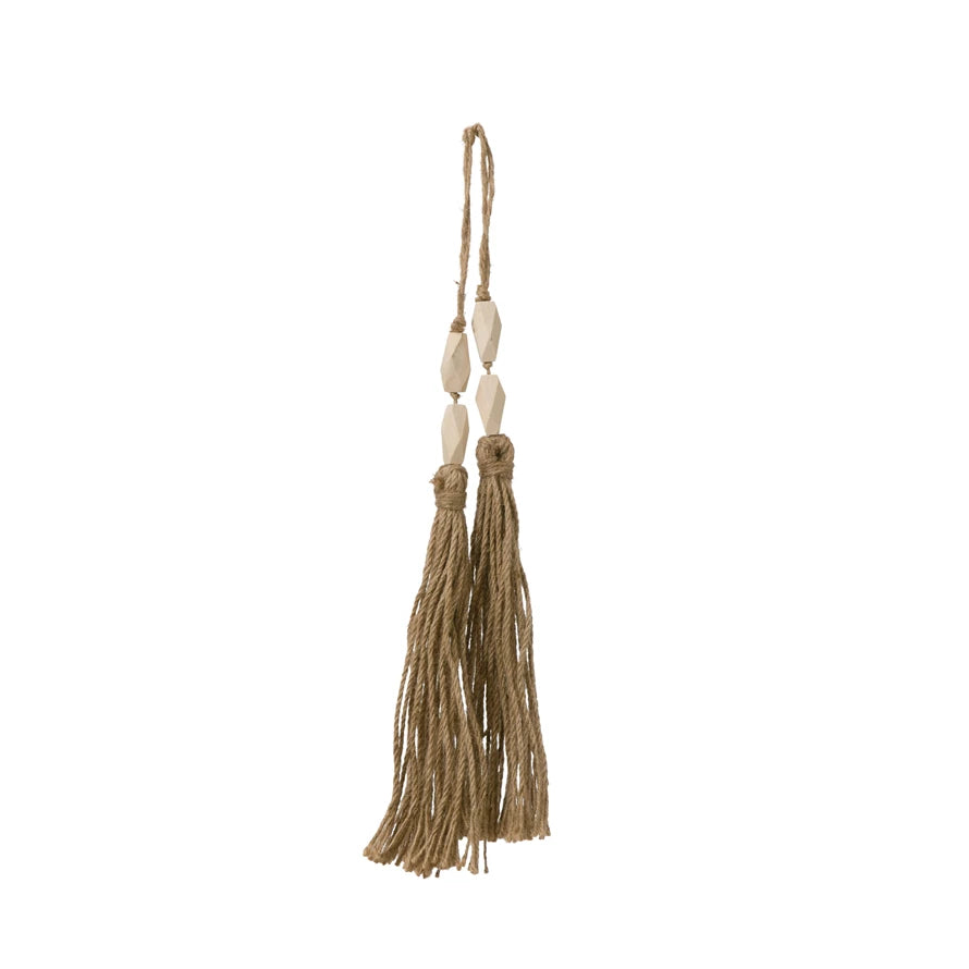 Paulownia Wood Bead w/ Jute Tassel | Natural