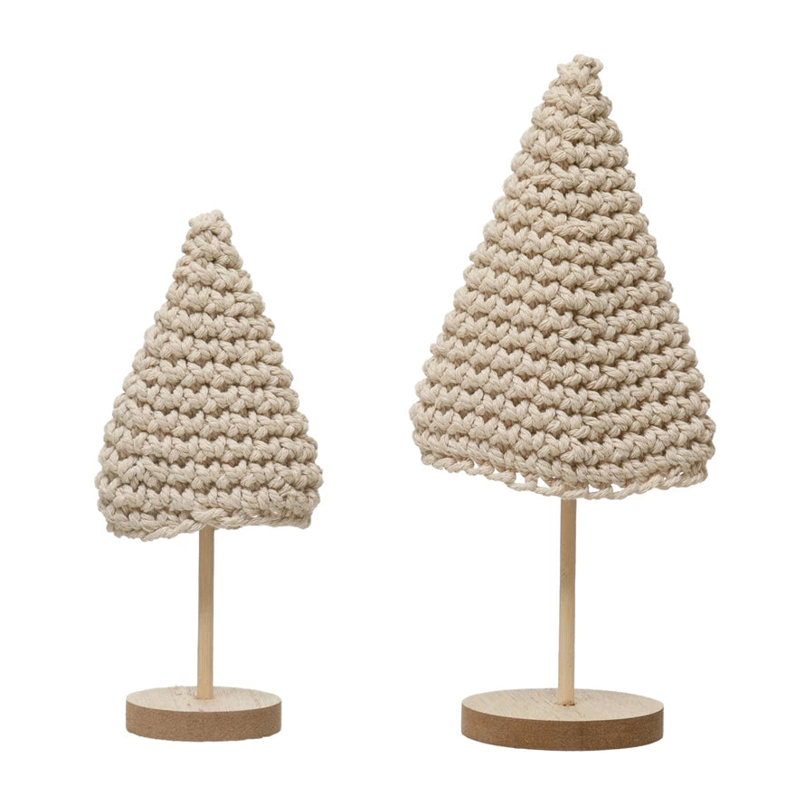 Cotton Crochet Trees w/ Wood Base | Set of 2 | Cream