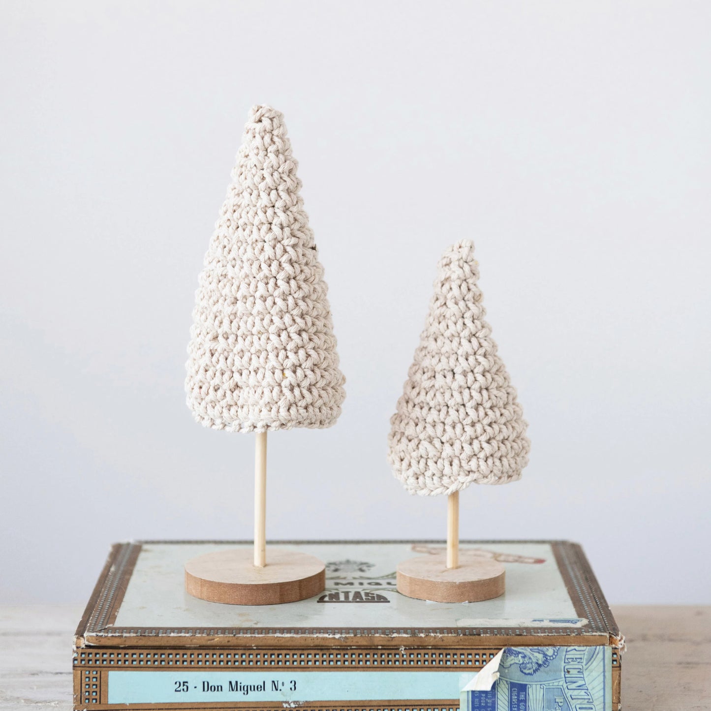 Cotton Crochet Trees w/ Wood Base | Set of 2 | Cream